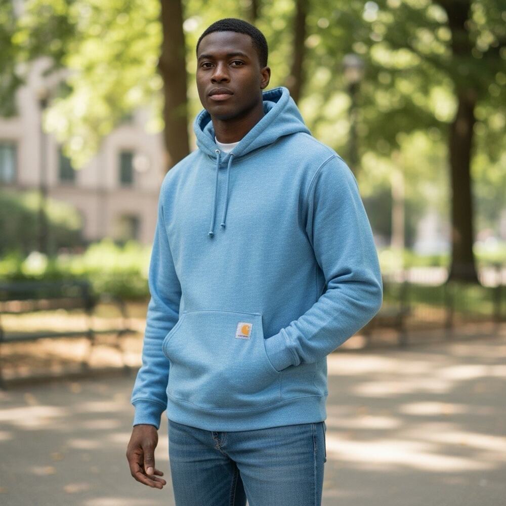 Carhartt Mens L Loose Fit Blue Heather Sleeve Logo Pullover Hoodie Sweatshirt